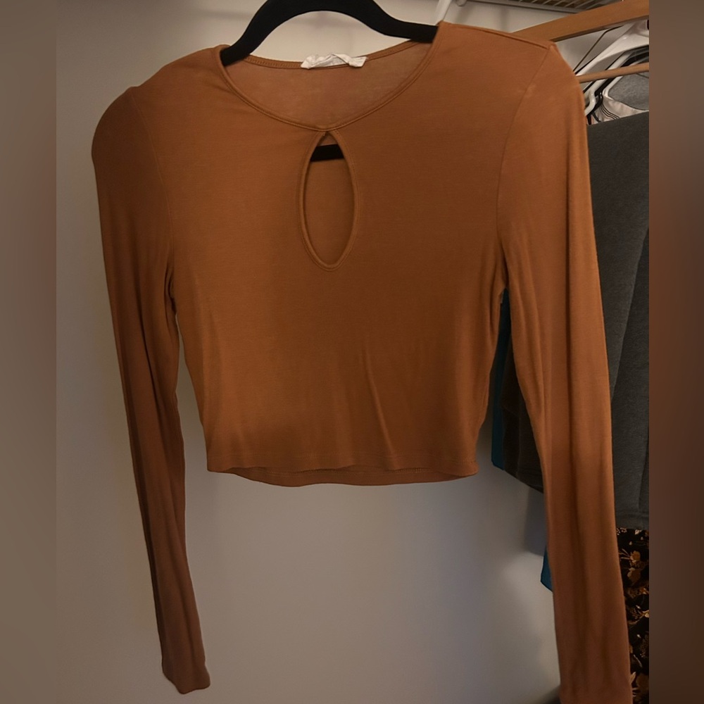 Brown Long Sleeve Keyhole Top